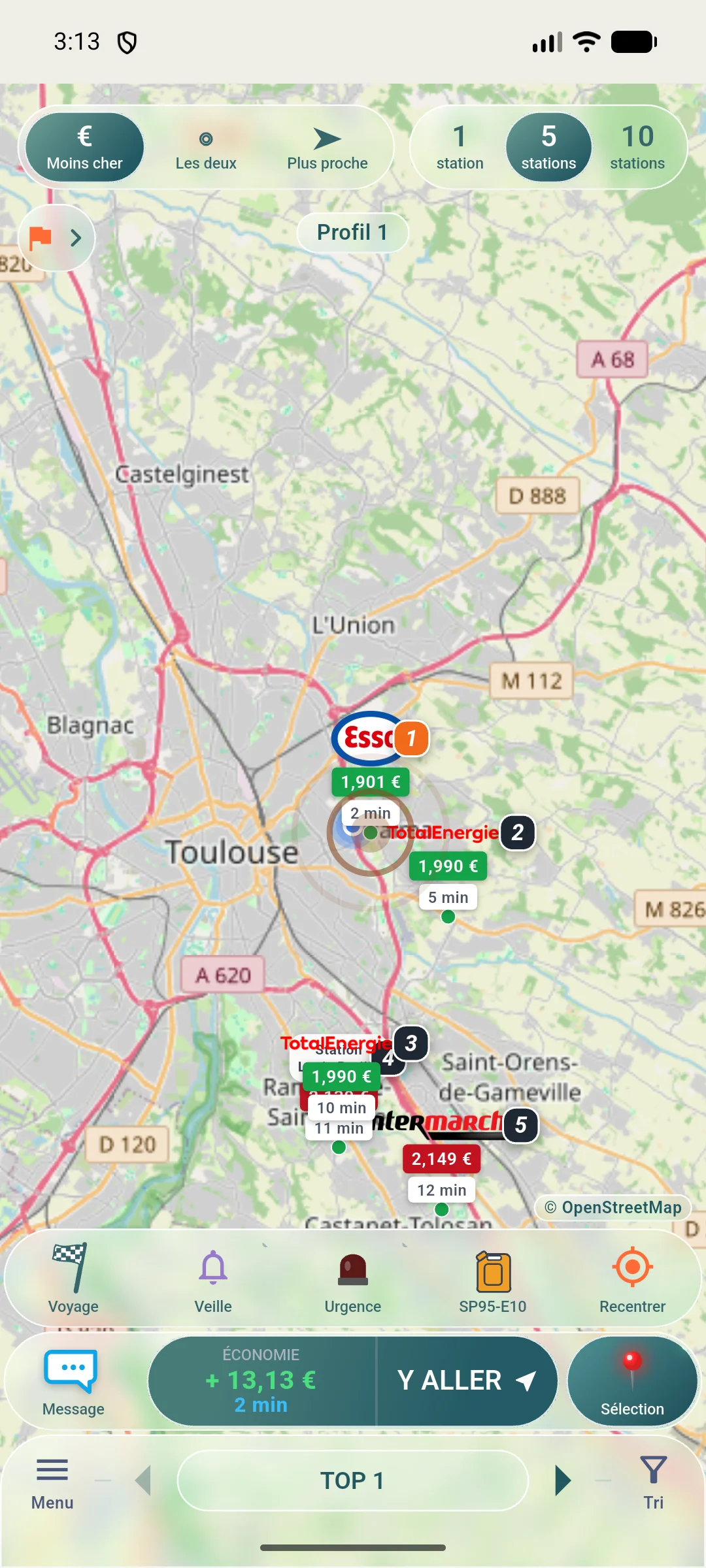 La carte de l'app à Toulouse : les 5 stations retenues, numérotées, et l'élue numéro 1