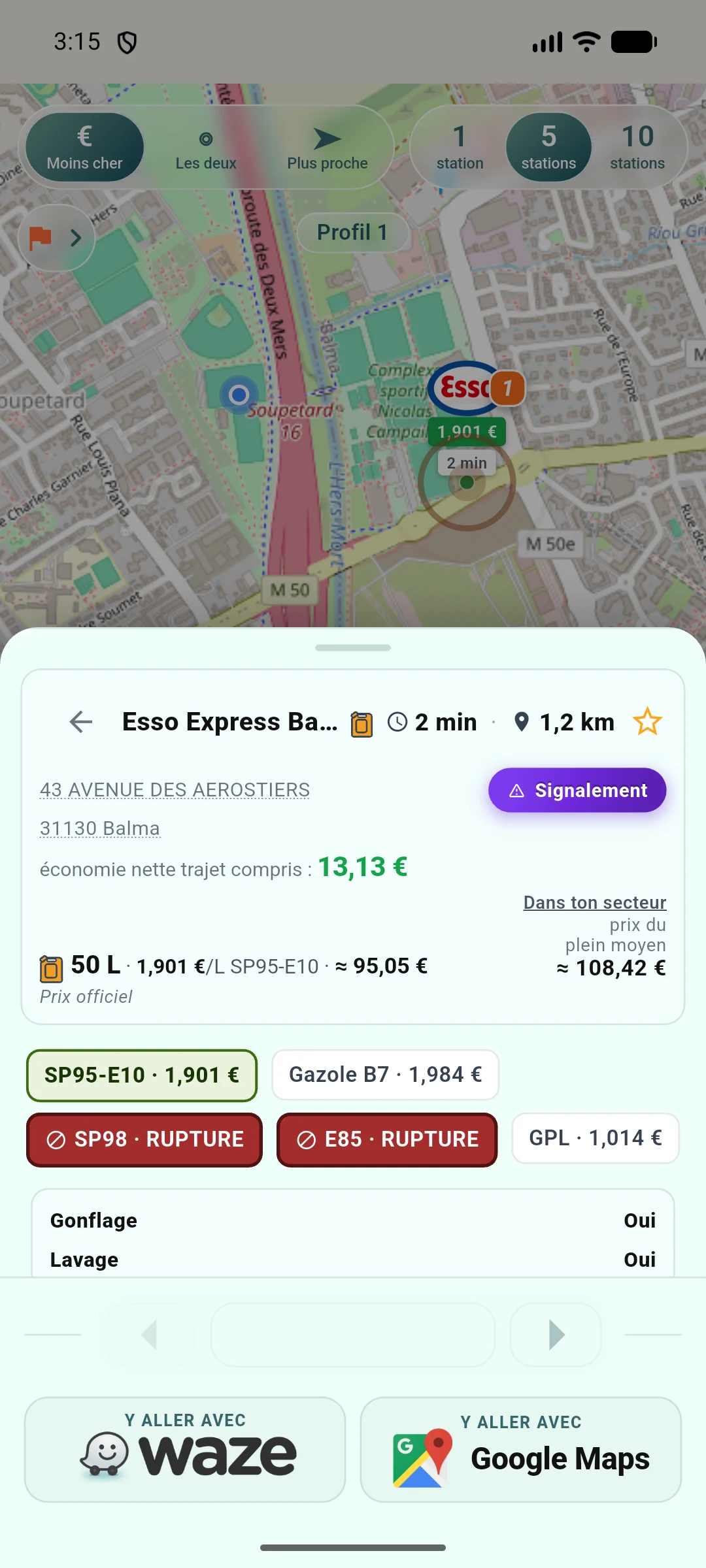 Le volet d'une station à Balma : économie nette trajet compris, prix du plein, prix du secteur, boutons Waze et Google Maps